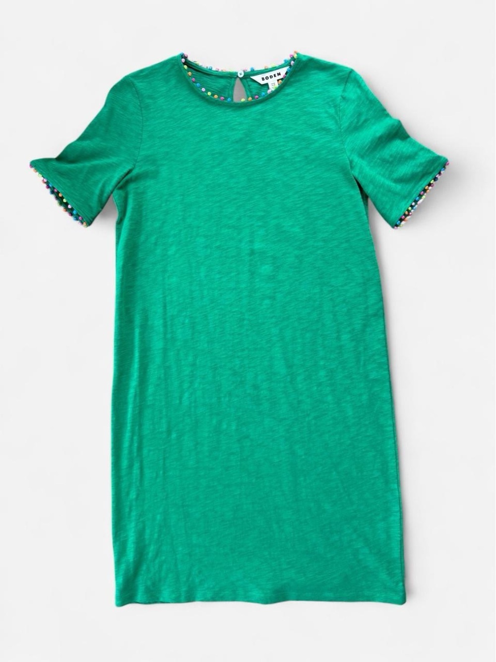 Boden Green Slub Cotton T-Shirt Dress Rainbow Pom Pom Trim US 2R